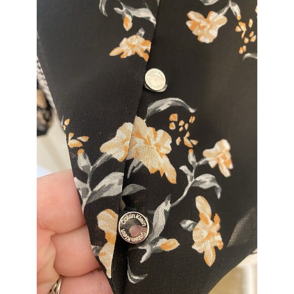 Calvin Klein Sz Large Houndstooth Floral Ruffled Button-Up Top - Picture 2 of 7